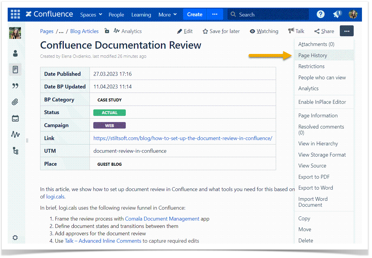 Page History in Confluence