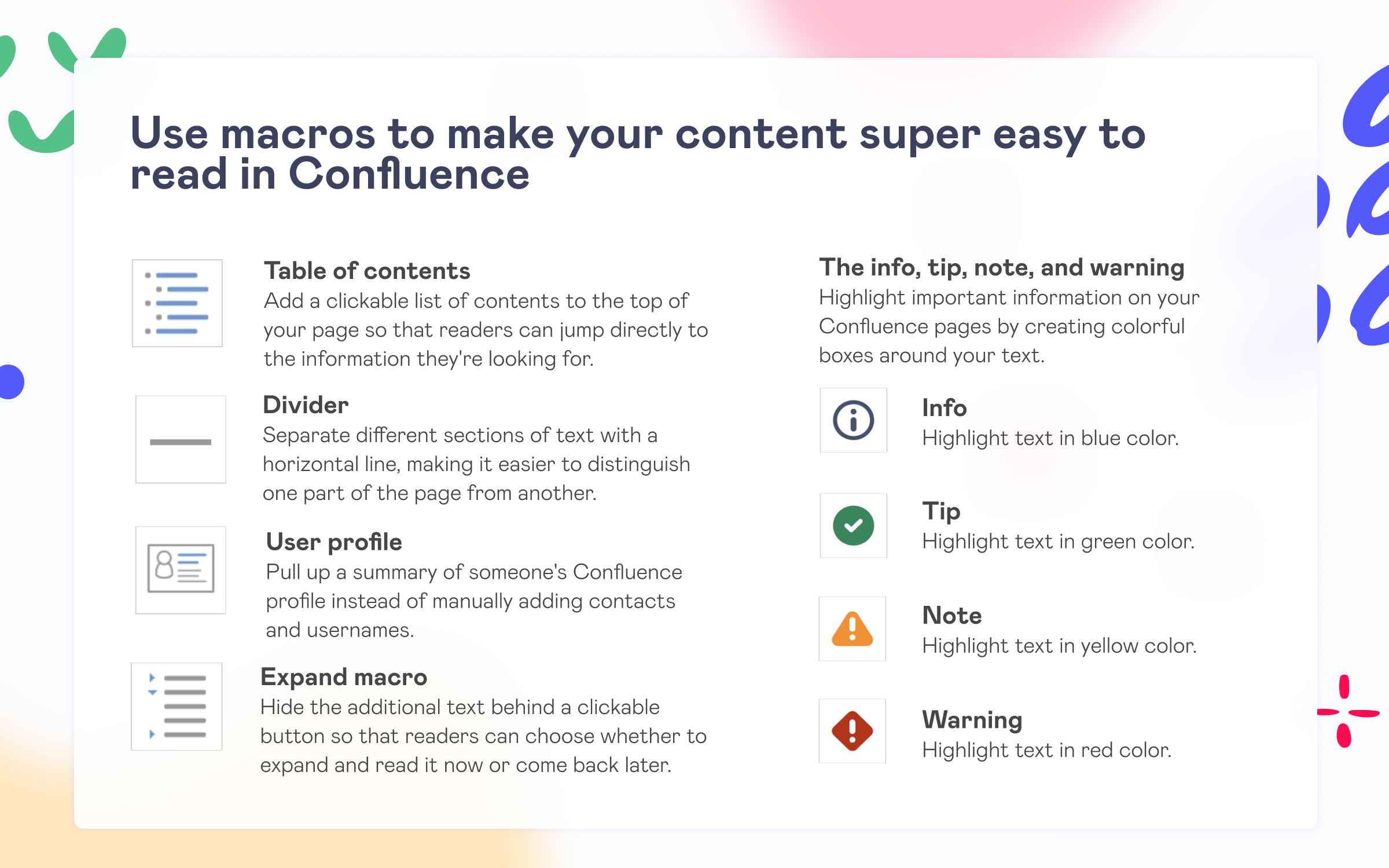 Use macros in Confluence to make content super easy to read