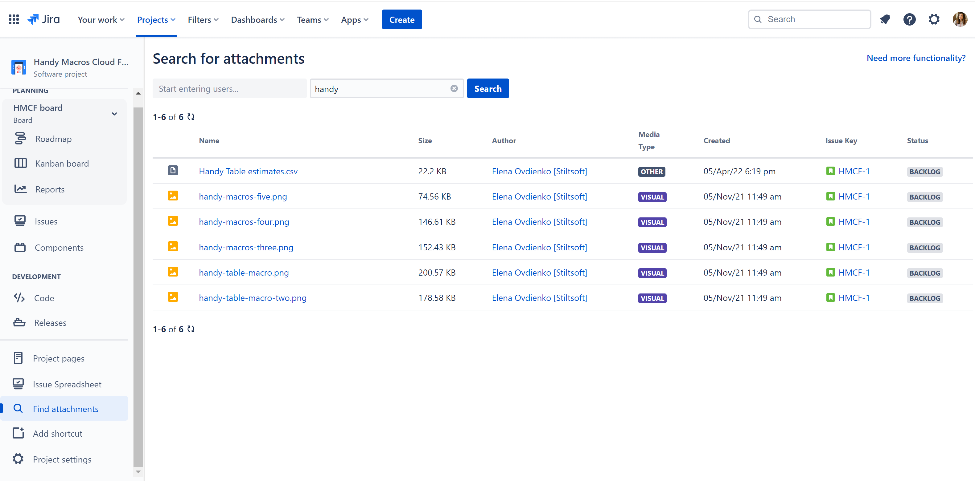 Search for Jira attachments in a tab to find attachments