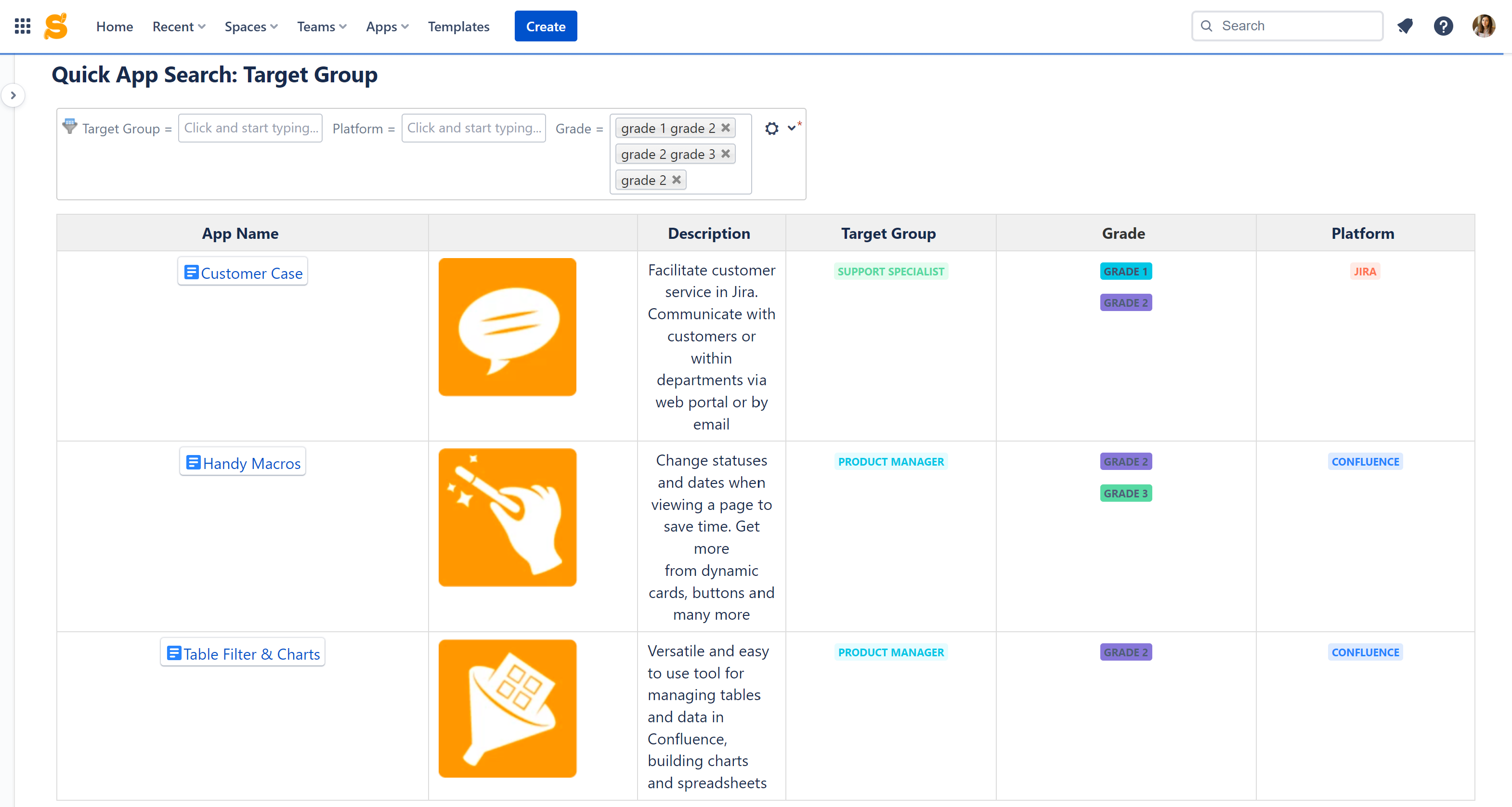 Adding Table Filter to an interactive table with a catalog makes Confluence data search a breeze. Just select what you need from the dropdowns of the filtration panel, and immediately see the results