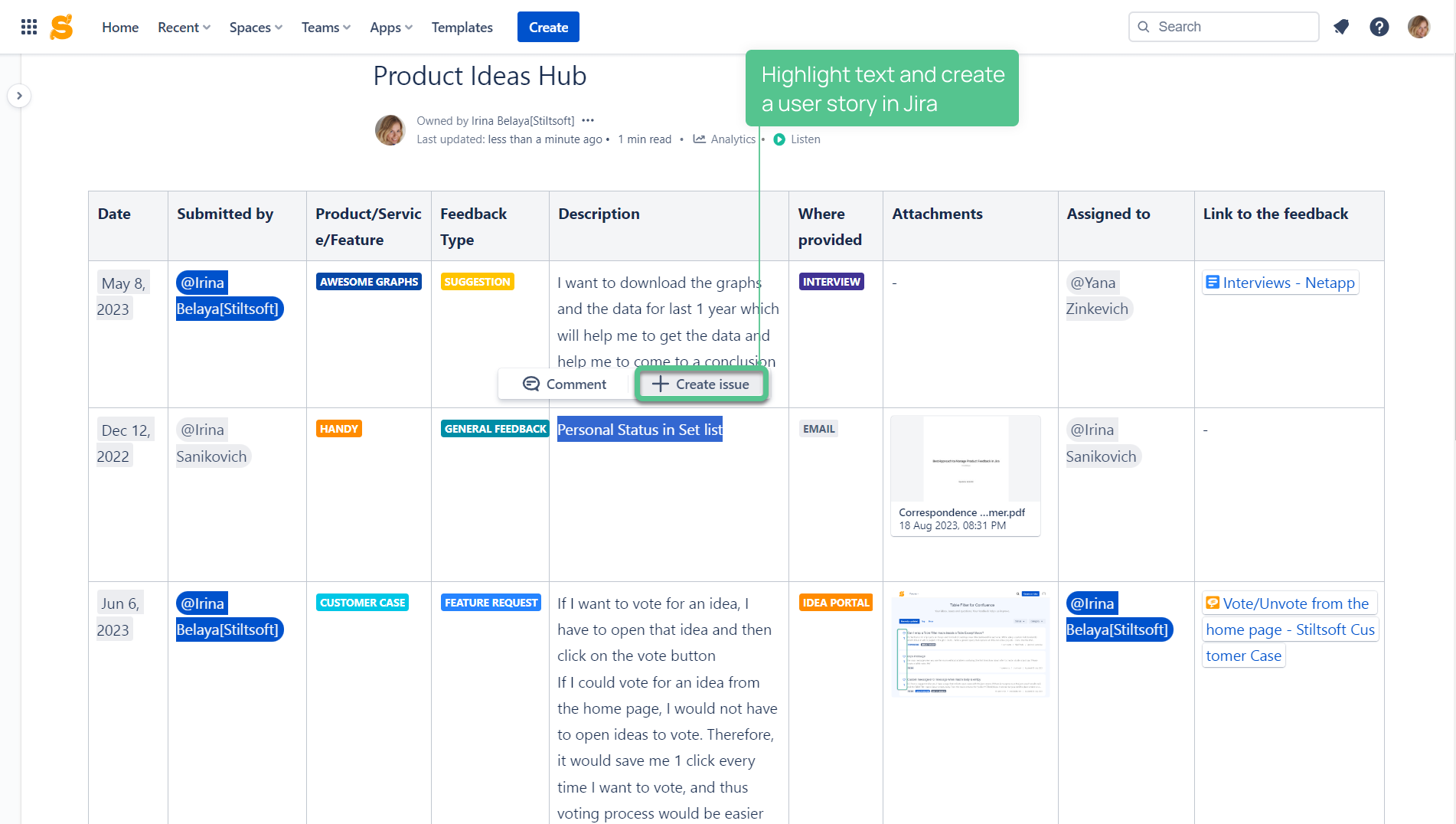 Confluence for feedback management