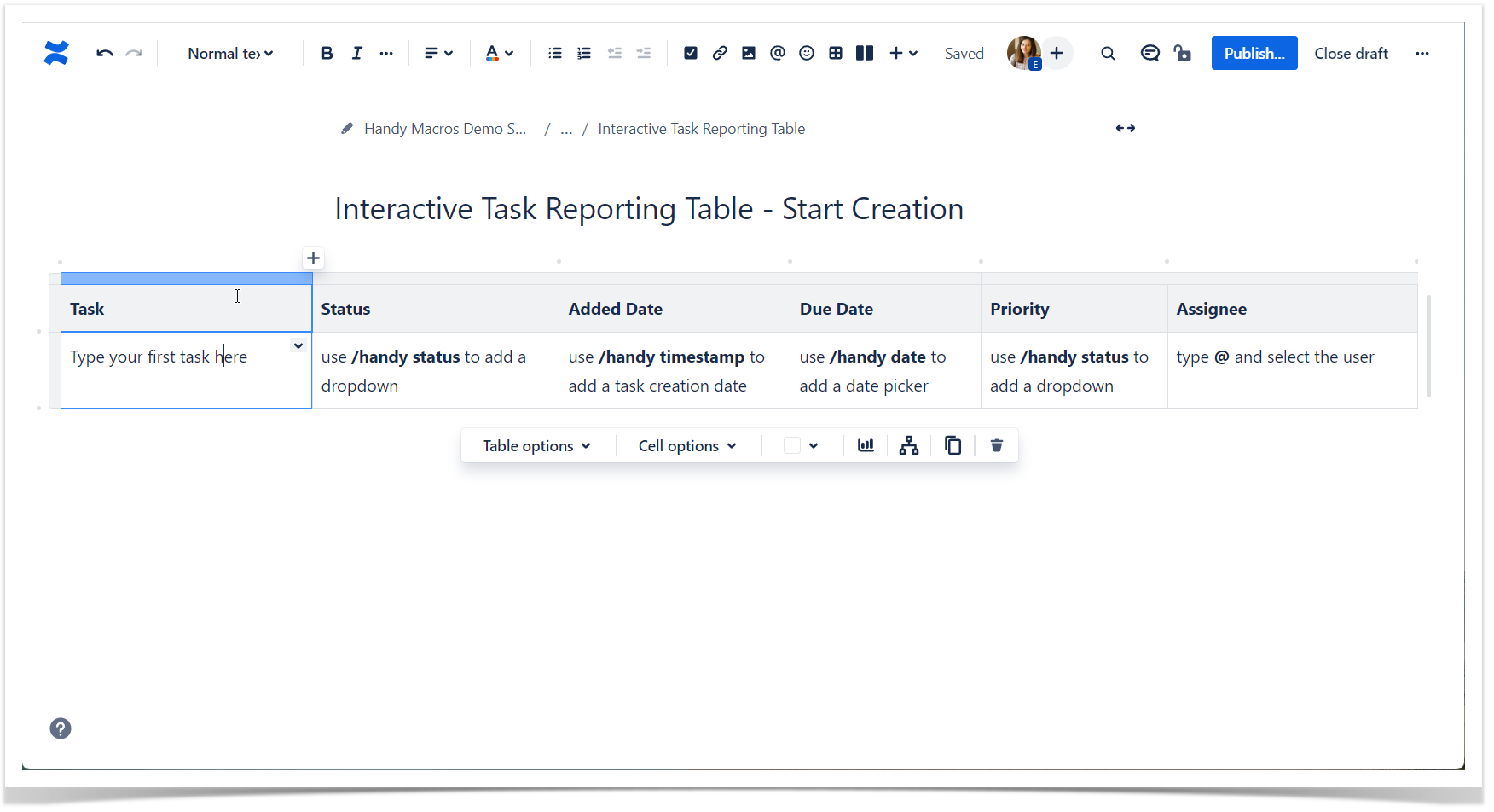 Create an interactive task reporting table