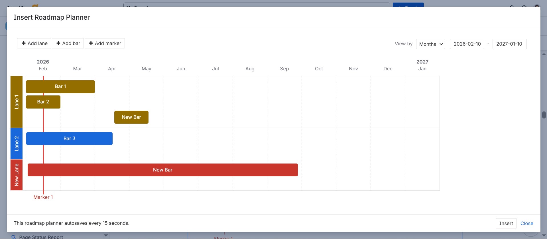 How to Build a Gantt Chart in Confluence (From Basic to Advanced) 2 Confluence “Insert Roadmap Planner” dialog with buttons to add a lane, bar, or marker, showing a multi-lane timeline in months with sample bars.