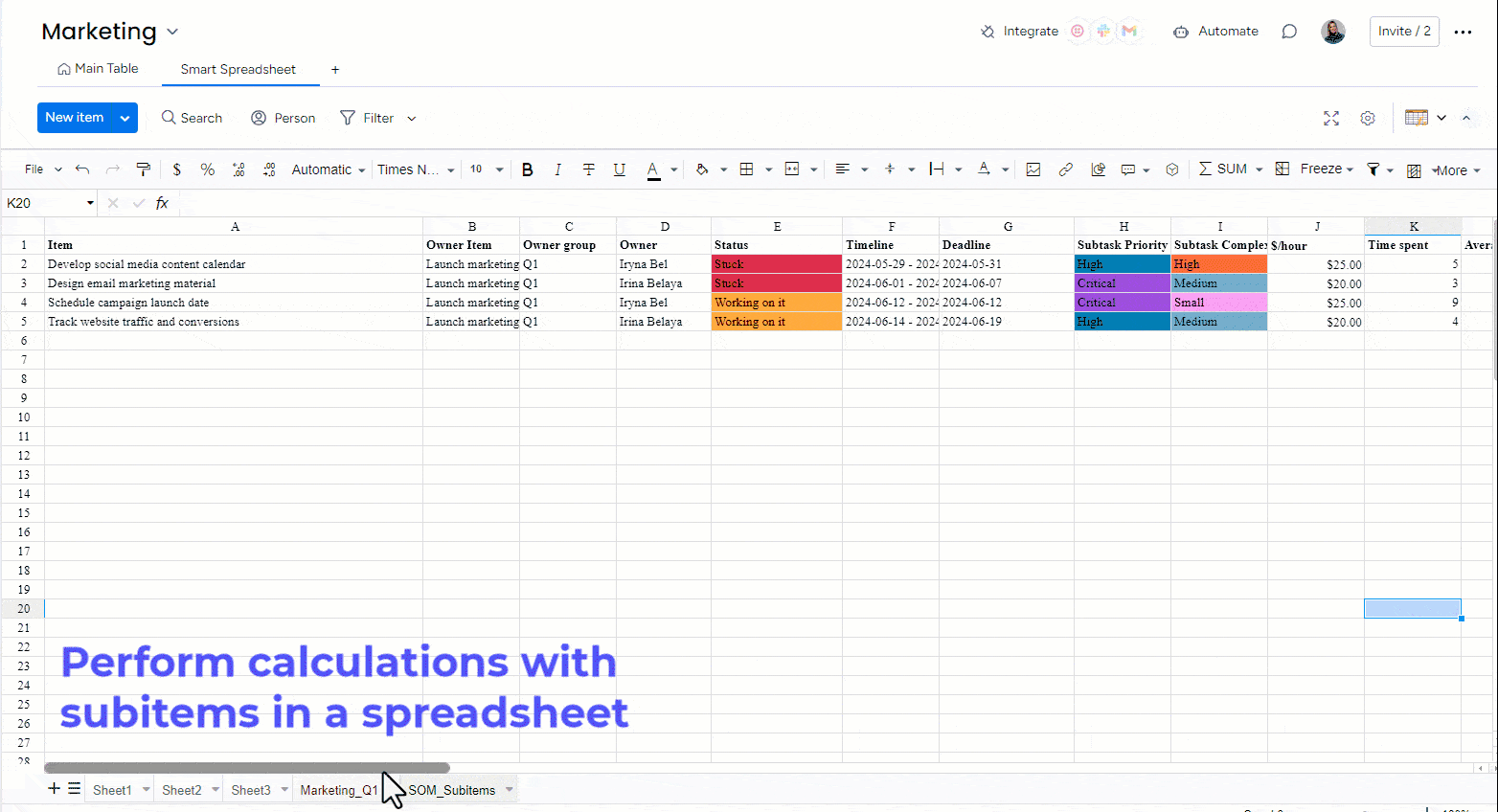 Subitems and smart spreadsheet for monday