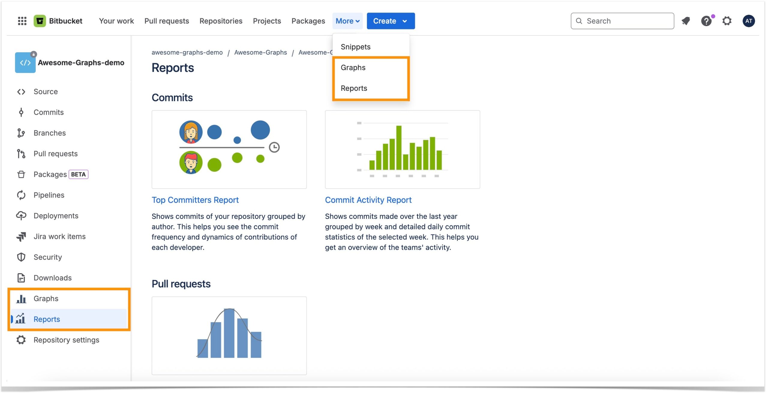With Awesome Graphs you can get Bitbucket reports on repository, project and workspace levels