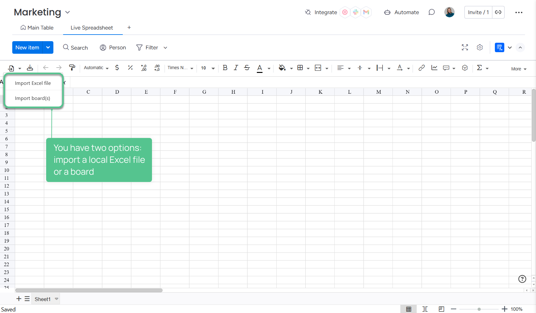 Live spreadsheets board import