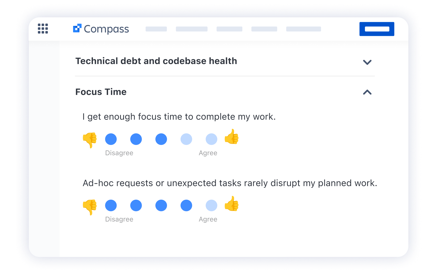 DevEx Surveys for Compass provides ready-to-use templates covering key software development aspects