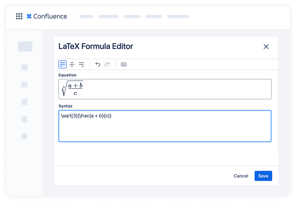 shows how to add fractions and roots to Confluence pages using the LaTeX Math for Confluence app