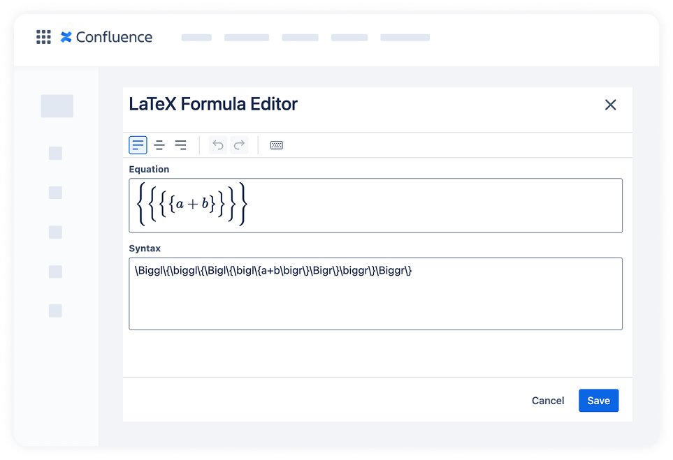 shows how to add different sizes of brackets using LaTeX Math for Confluence