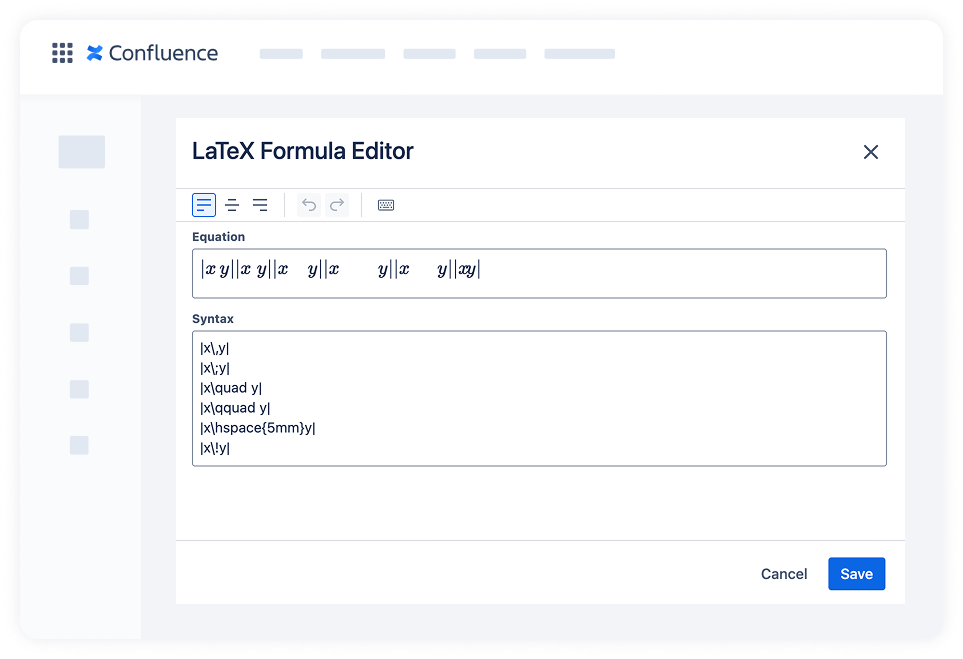 You can fine-tune spacing between formulas symbols in Confluence using the following LaTeX commands