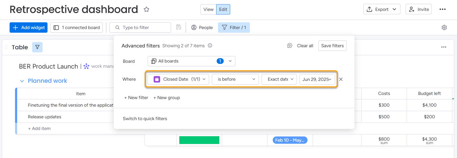 Dashboard filter in monday.com