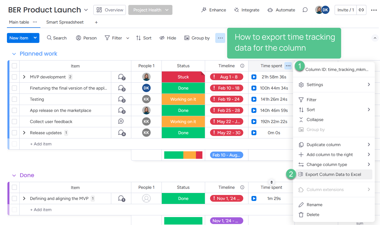 How to export time tracking data for the column monday.com