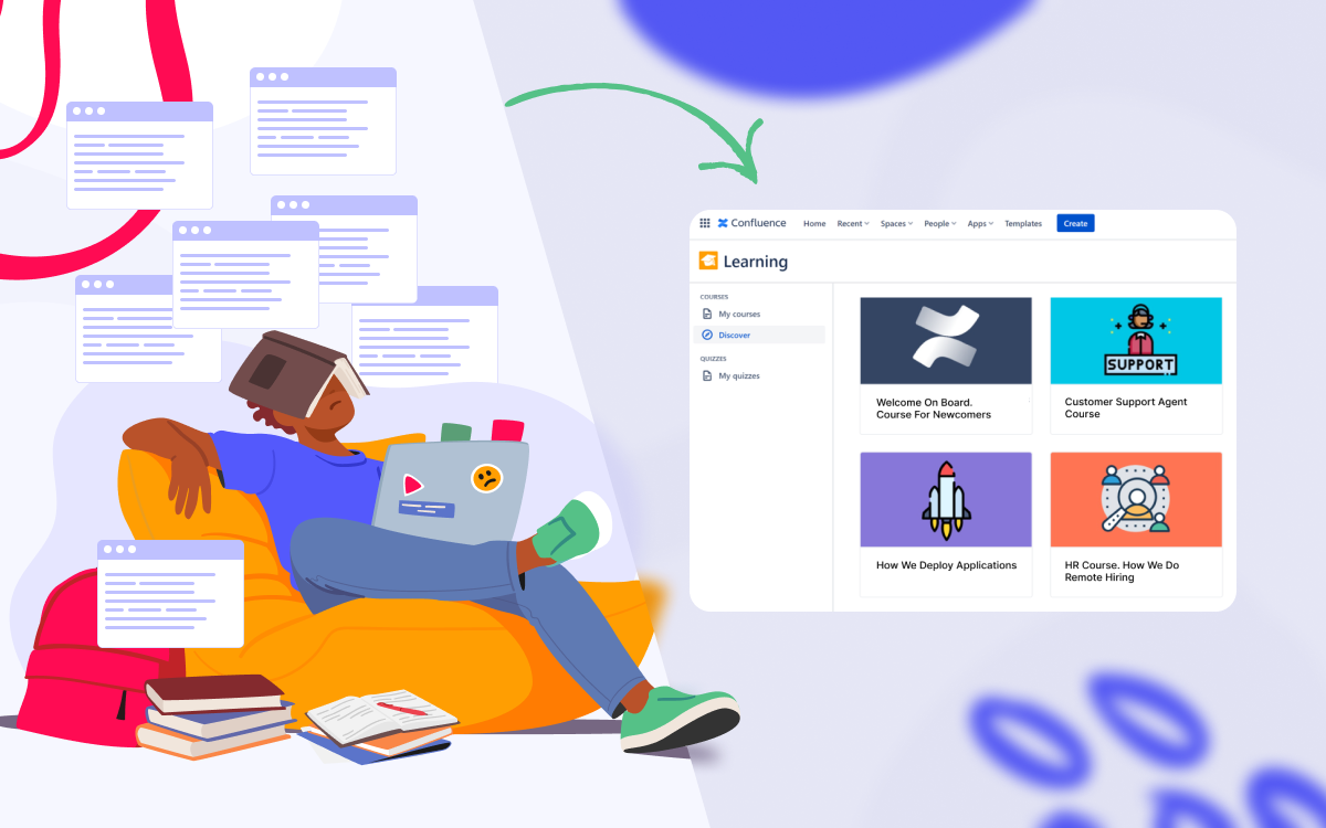 A guy lies on the sofa with a laptop and a lot os tabs and books being open. The arrow leads to an LMS with Confluence integration - IZI LMS.