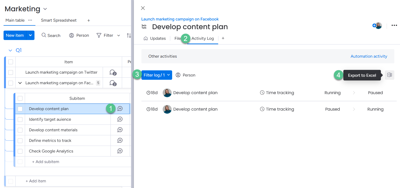Activity log report for an item monday.com
