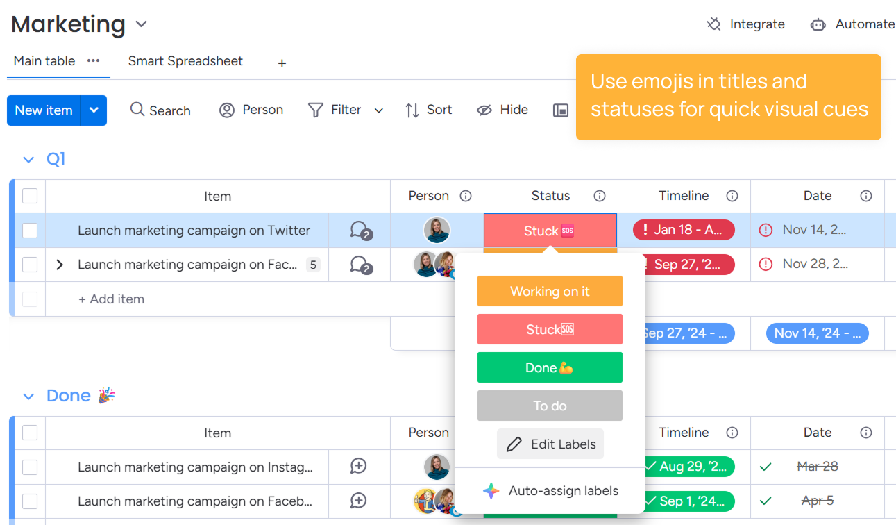 Add emojis in board titles and status column on monday.com