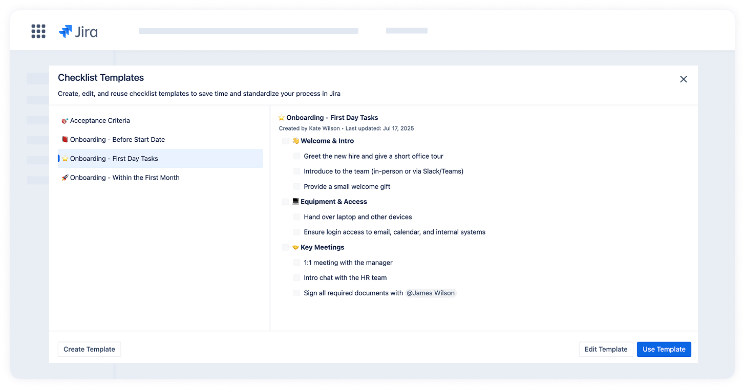 Checklists to standardize recruitment process in Jira with templates