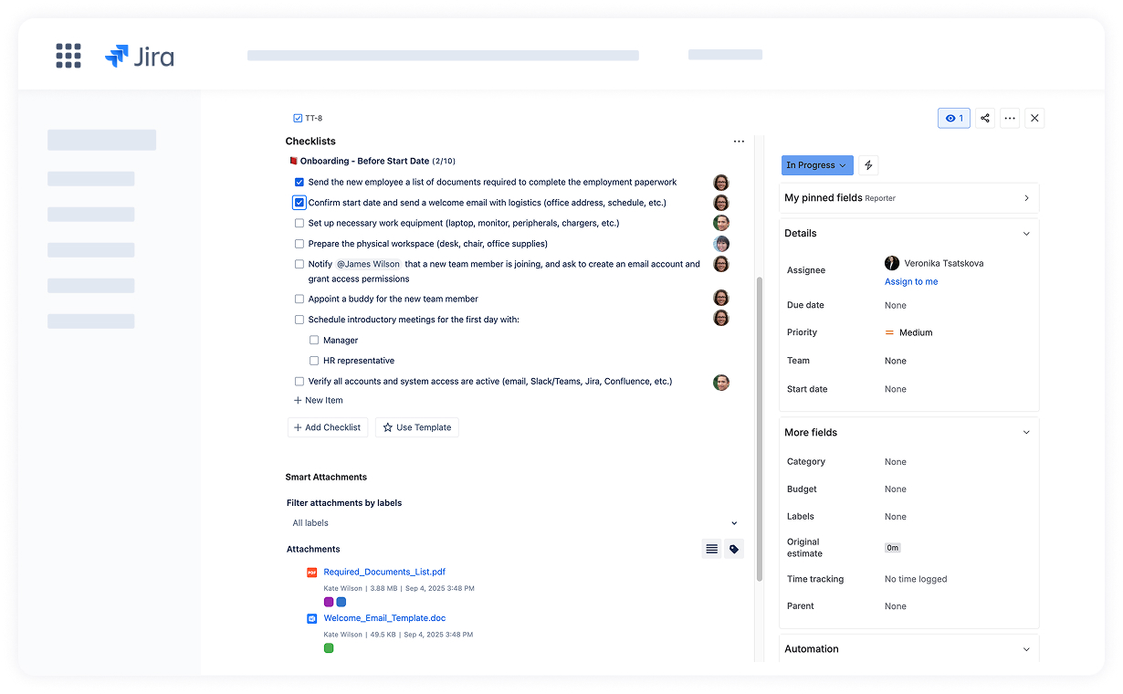Checklists and Smart Attachments for onboarding in Jira
