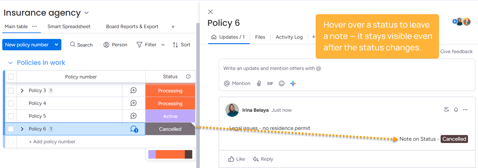 Status notes monday.com