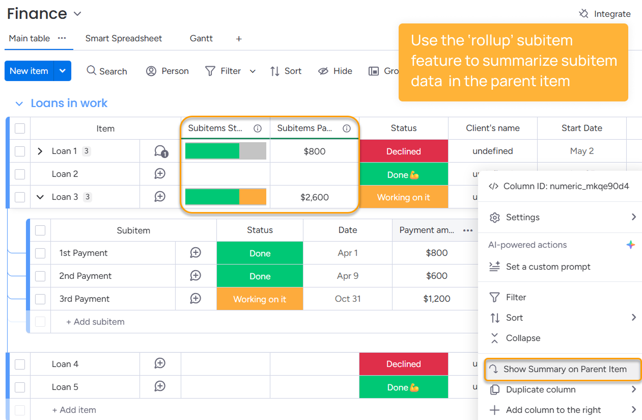 Subitem rollup monday.com