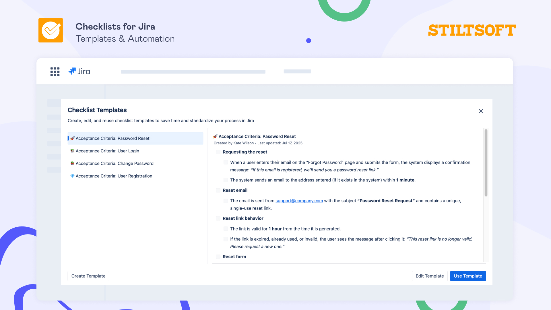 Checklist templates and integration with Jira automation that enable Agile teams to easily organize and automate recurring tasks and save hours every sprint.