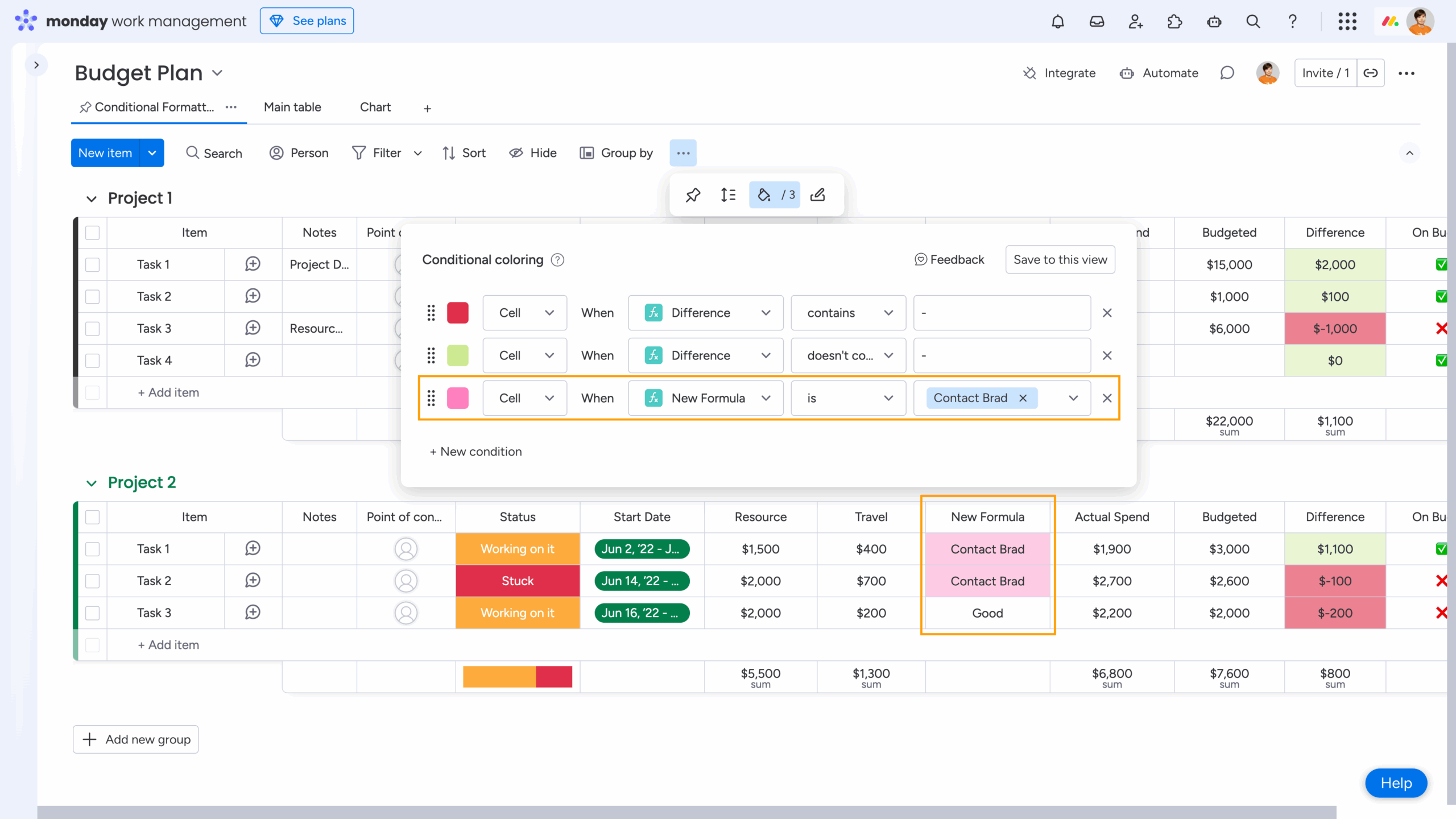 conditional coloring (formatting) on monday.com board