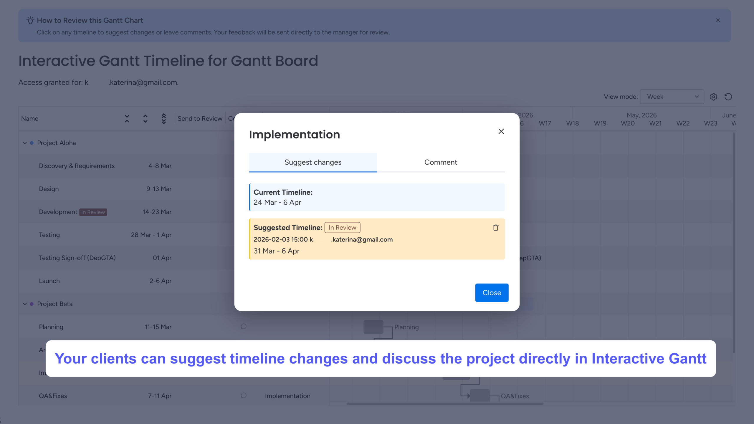 5 Tips to Become a Gantt Chart Expert Using monday.com 13 Interactive Gantt Timeline Client's View with suggestions and comments in monday.com