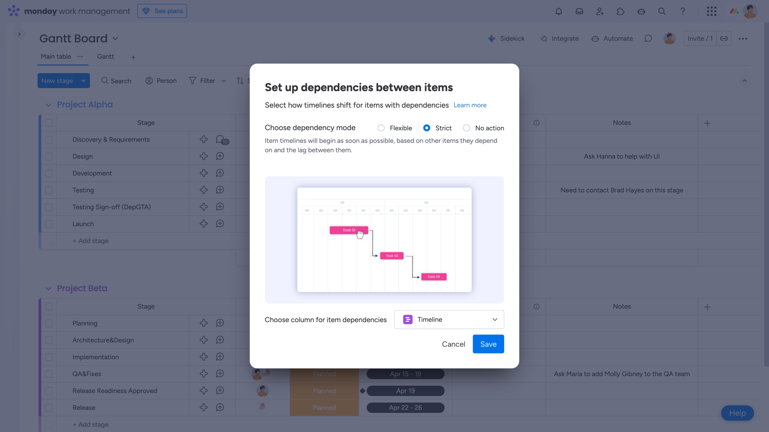 5 Tips to Become a Gantt Chart Expert Using monday.com 6 Dependency modes for Gantt chart in monday.com (Strict, Flexible, No action)