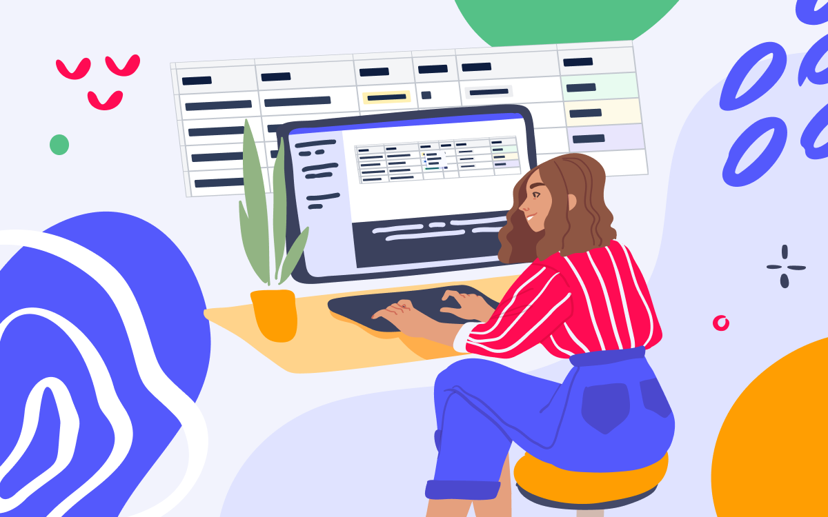 Illustration of a person working at a computer with Confluence tables displayed on the screen and in the background.