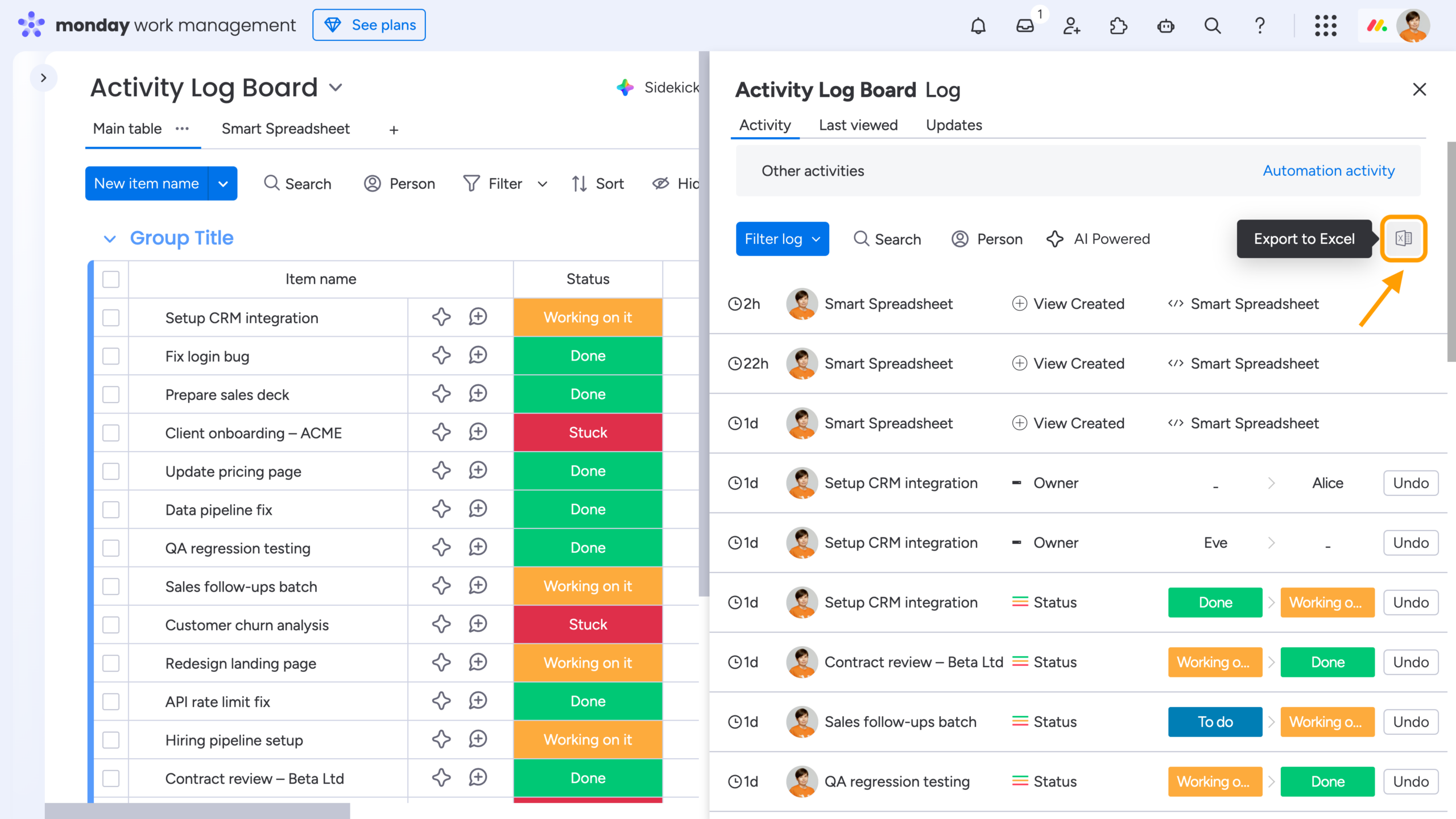 Two-Minute How-to: Auditing Team Workflows in monday.com Using the Activity Log 3 Export Activity Log in monday.com