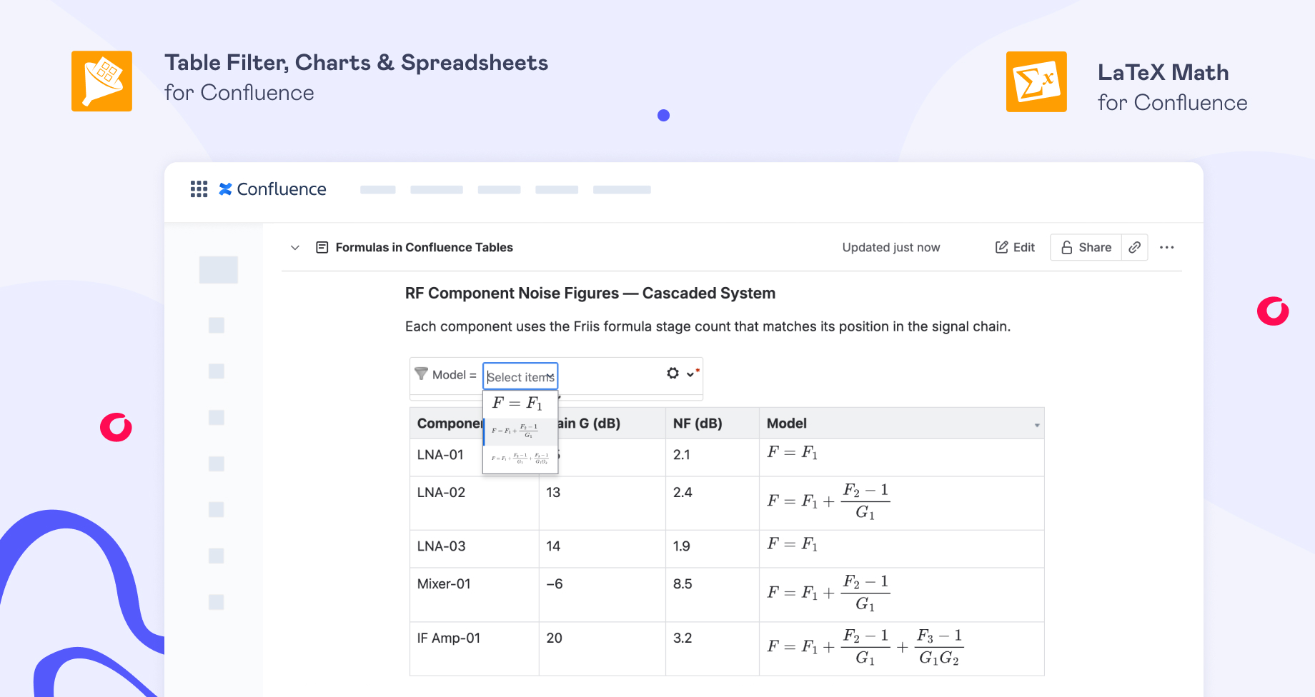 Formulas in Confluence Tables: What You Can and Can't Do (and How to Fix the Gap) 7 LaTeX Math for Confluence allows you to insert formulas in Confluence table cells. You can wrap a table containing formulas in the Table Filter macro to extend Confluence table functionality and filter rows using Table Filter’s Visual Filter.