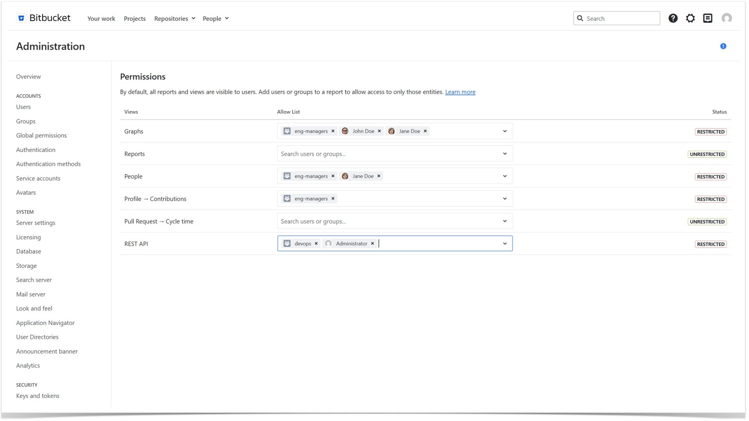 How to Use Permissions Configuration in Awesome Graphs for Bitbucket Data Center 3 Permissions configurations page in the Awesome Graphs for Bitbucket settings