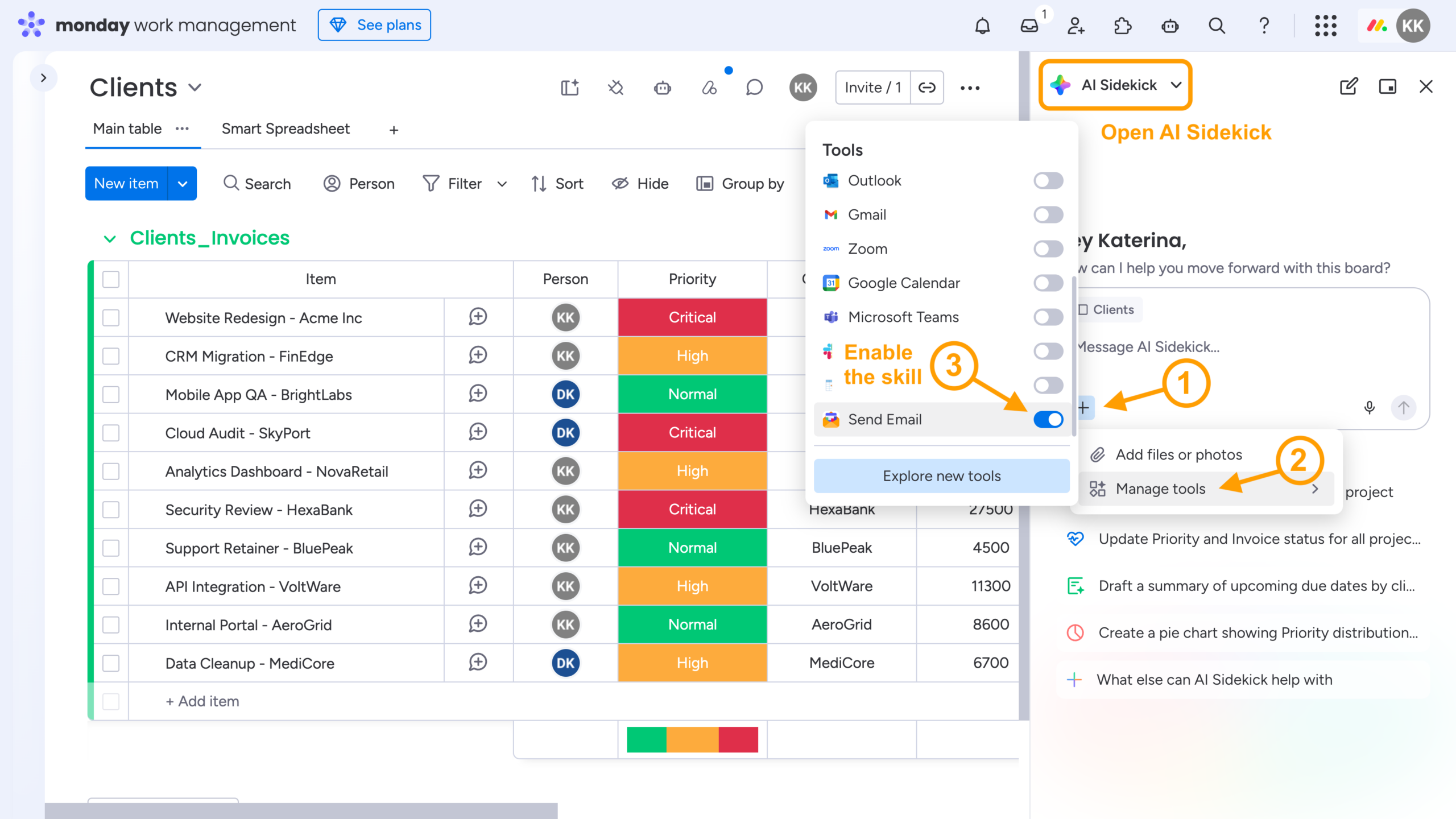 Two-Minute How-to: Generating and Emailing monday.com Reports with AI Sidekick 8 How to add Send Email skill from Board Email Reports to AI Sidekick in monday.com