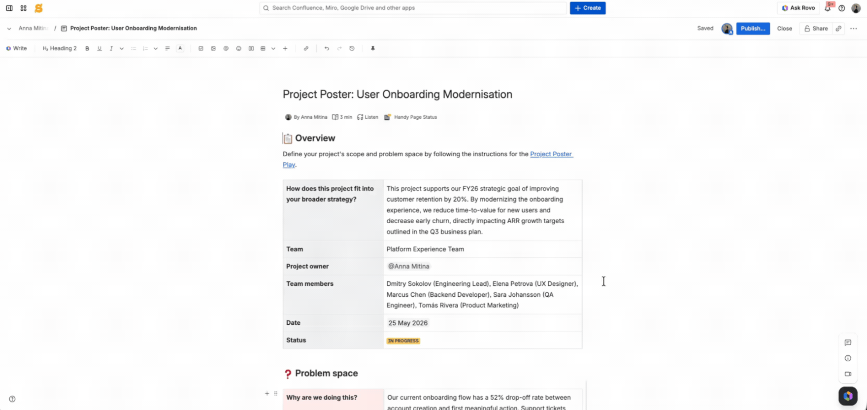 Confluence for Project Management: What It Can Actually Do 13 A gif showing a filled-in Project poster template