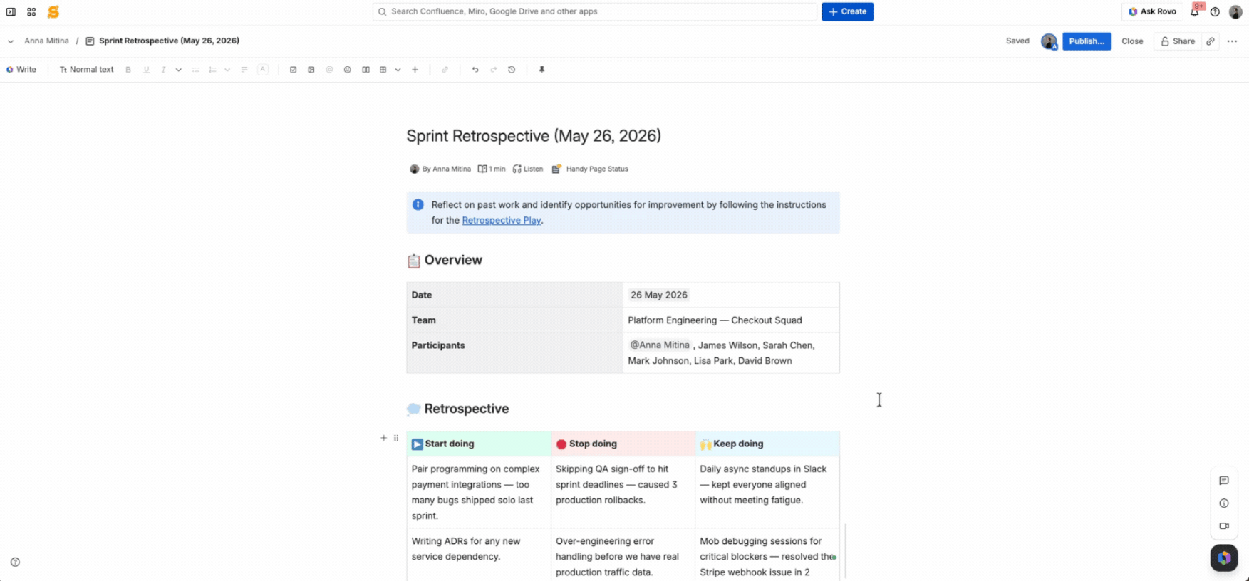 Confluence for Project Management: What It Can Actually Do 21 A gif showing a filled-in Retrospective template