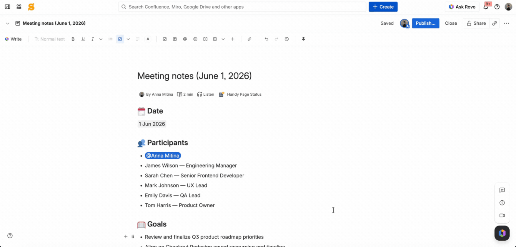 Confluence for Project Management: What It Can Actually Do 17 A gif showing a filled-in Meeting notes template