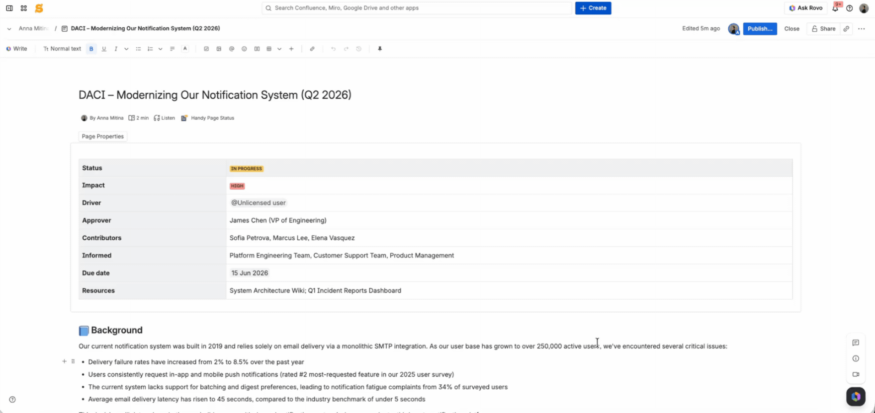 Confluence for Project Management: What It Can Actually Do 12 A gif showing a filled-in DACI Decision documentation template