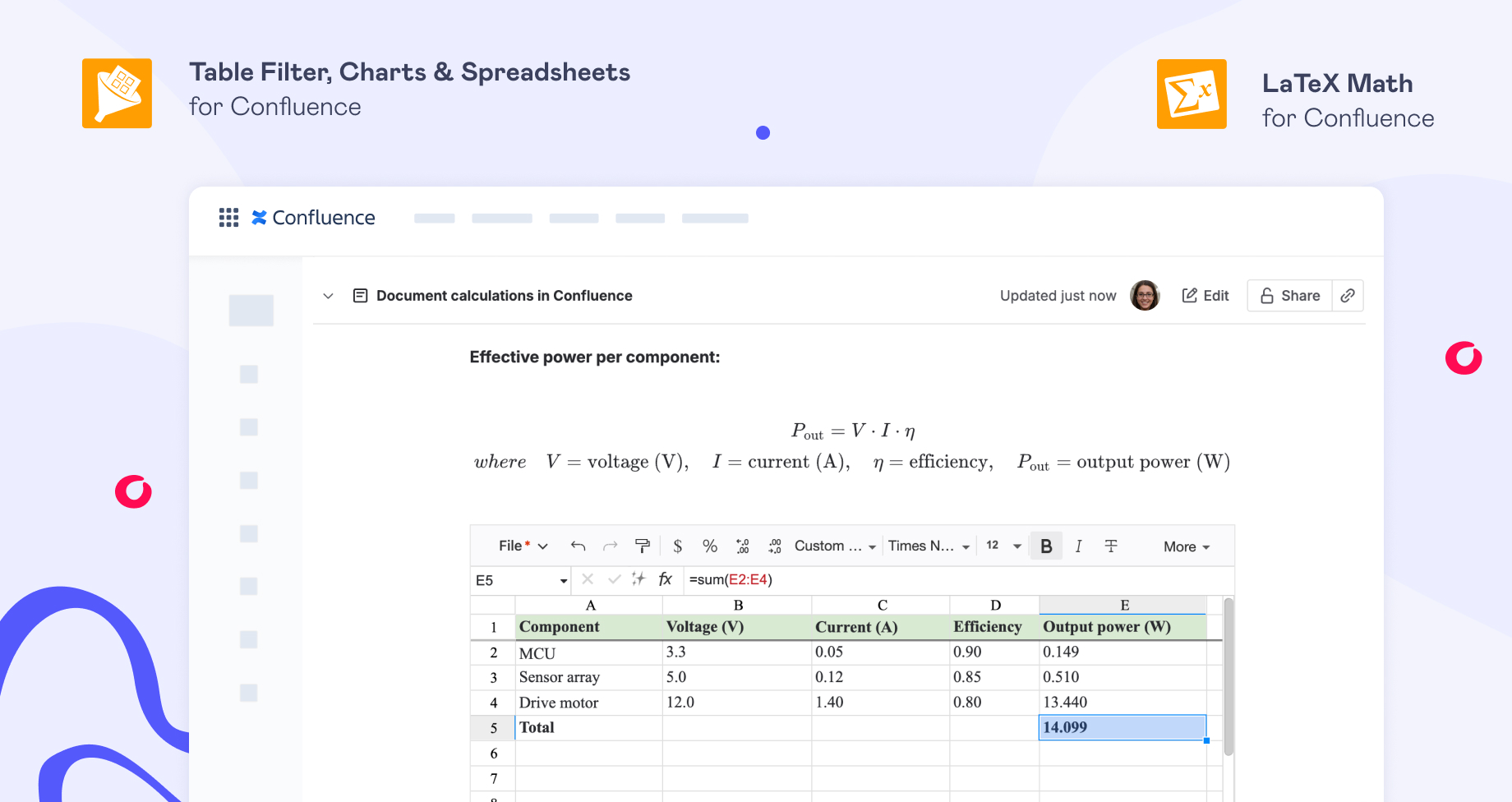 How to Document Calculations in Confluence 8 Confluence page documenting a calculation with LaTeX Math and Table Filter — the rendered formula with its explanation above and the Table Filter data table with the computed column below