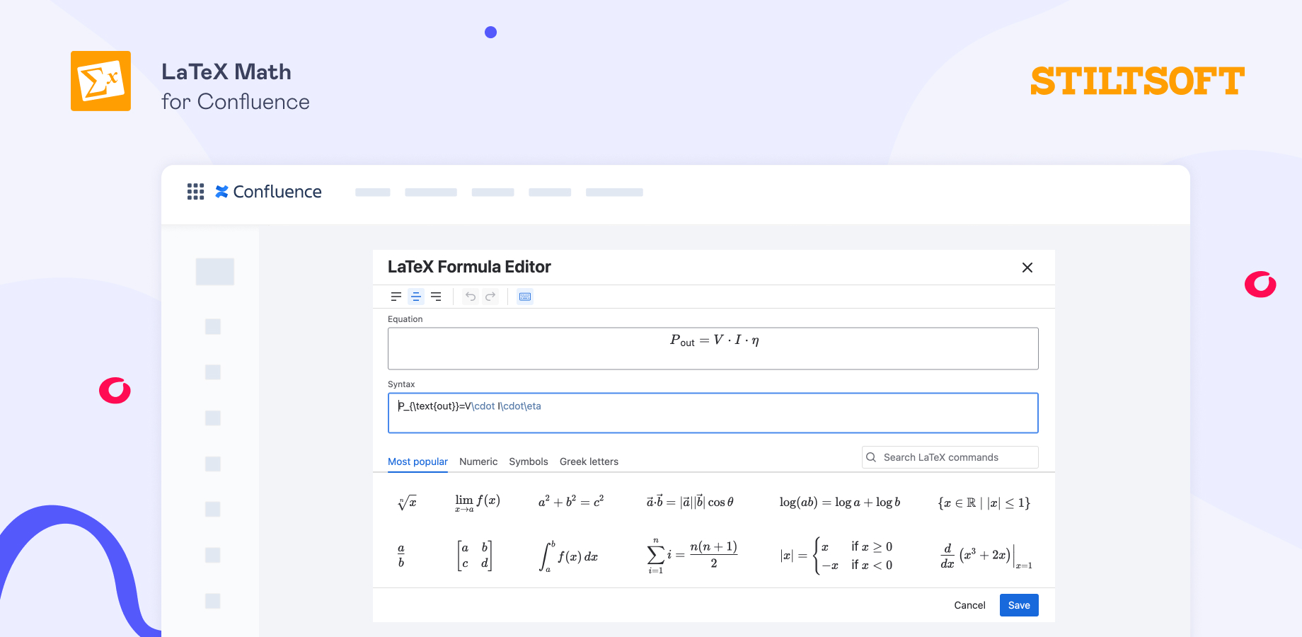 How to Document Calculations in Confluence 7 LaTeX Math for Confluence block macro rendering the output power formula as proper math notation on a Confluence page