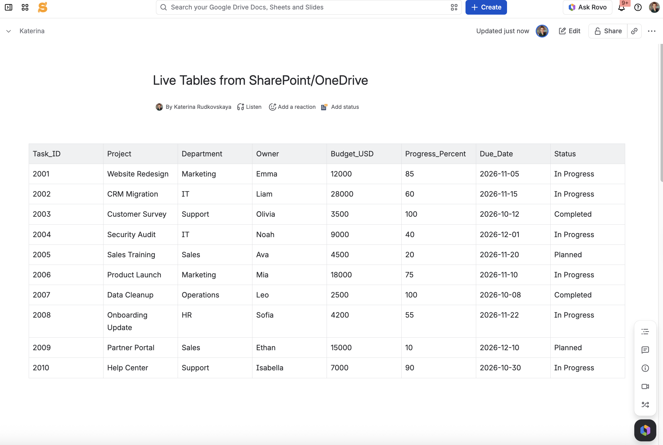 Building dynamic Confluence reports from SharePoint and OneDrive data 12 Live Table - Confluence